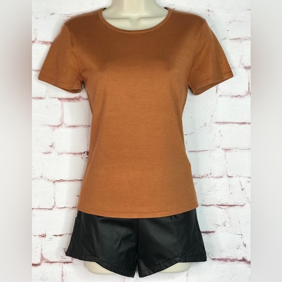 JONES NY PETITE MEDIUM Silk fine ribbed knit caramel brown short sleeve top MP - Picture 1 of 12
